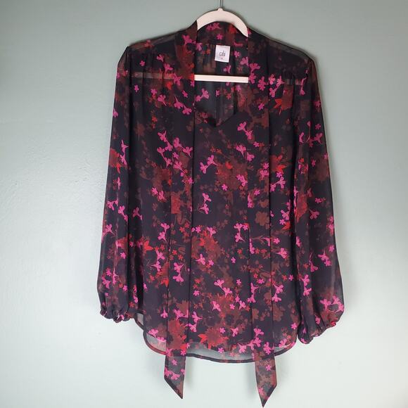Cabi Womens Black Floral Print Sheer Candlelight Long Sleeve Blouse Size Medium - Picture 1 of 6